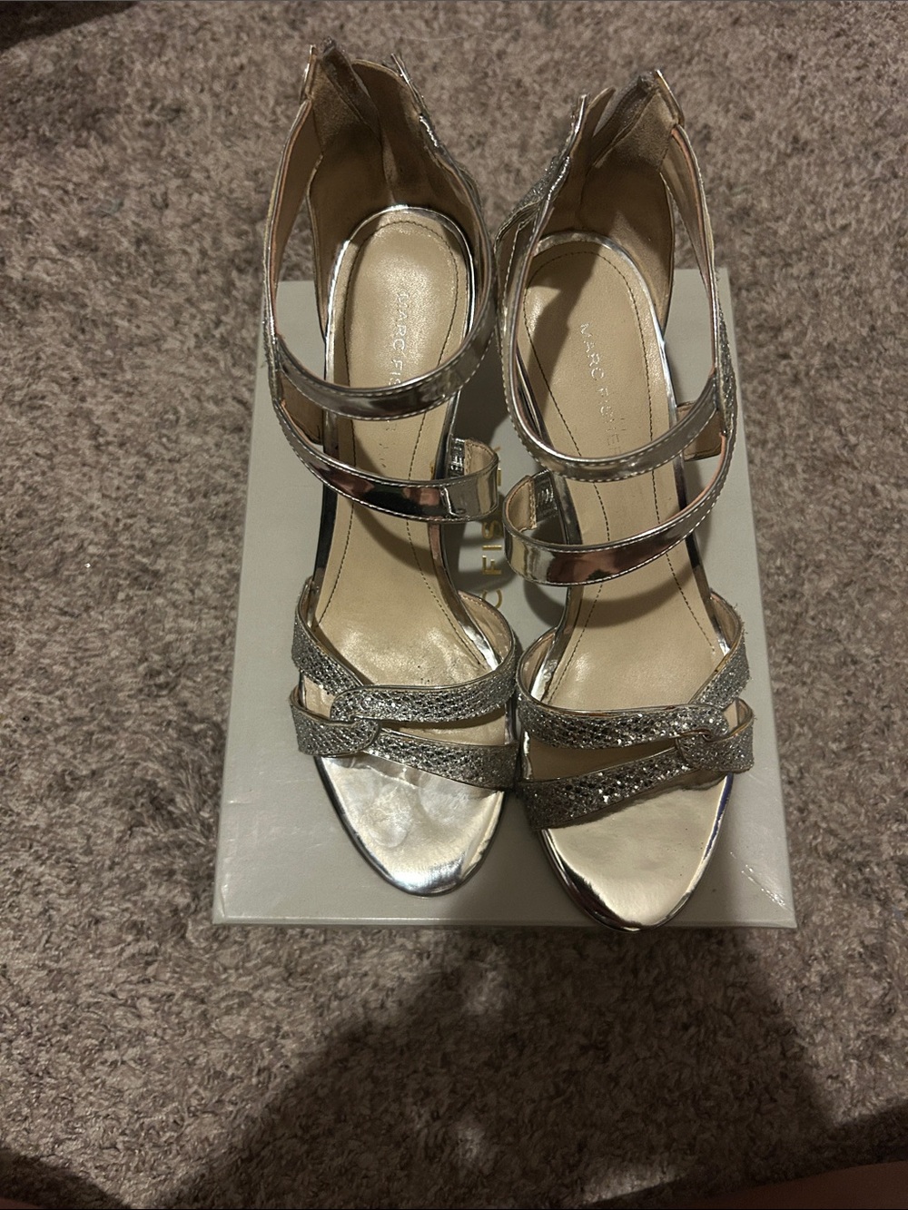 Marc Fisher Silver Metallic Strappy Heeled Sandals